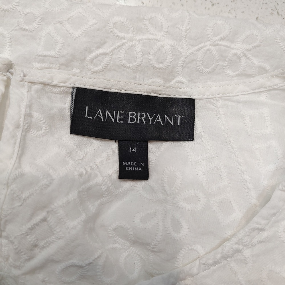 Lane Bryant Shirt White Cotton Sz 14 Cold Shoulder Eyelet Blouse Scallop Sleeve - Picture 5 of 8